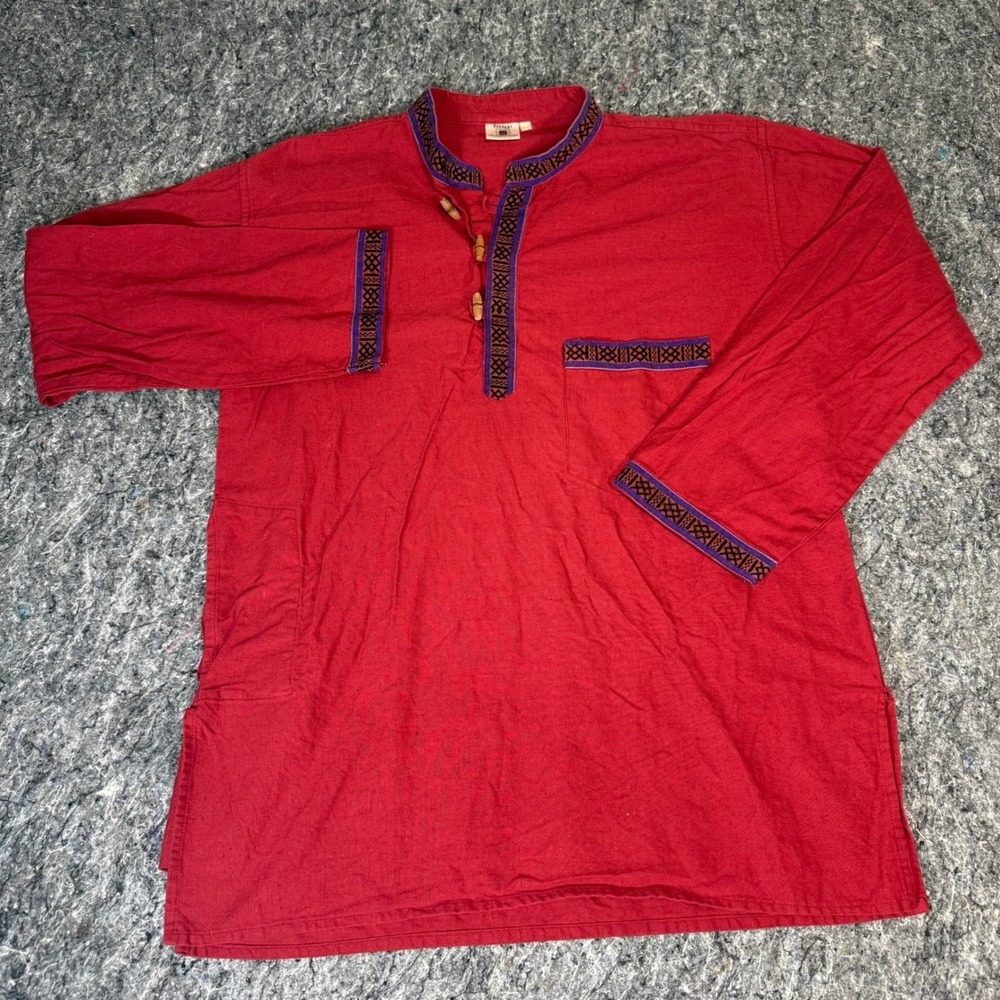 Everest Handicrafts Red Cotton Kurta Shirt Embroidered Toggle Nepal Mens Medium